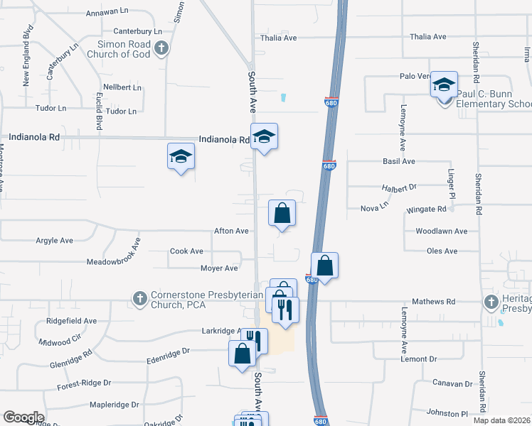map of restaurants, bars, coffee shops, grocery stores, and more near 5421 South Avenue in Youngstown
