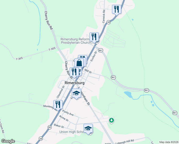 map of restaurants, bars, coffee shops, grocery stores, and more near 107 Mill Street in Rimersburg