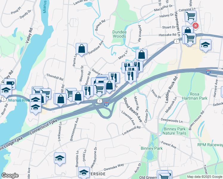map of restaurants, bars, coffee shops, grocery stores, and more near 1297 East Putnam Avenue in Greenwich
