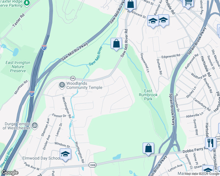 map of restaurants, bars, coffee shops, grocery stores, and more near 54 Parkview Road in Elmsford