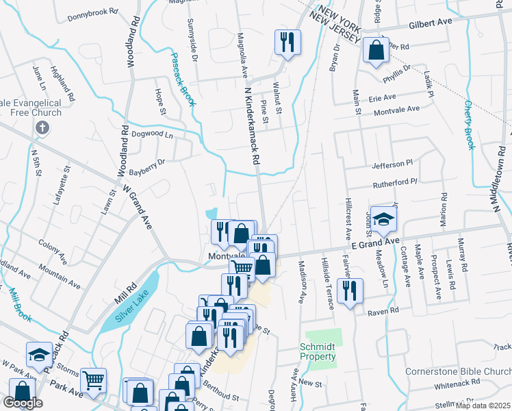 map of restaurants, bars, coffee shops, grocery stores, and more near 22 North Kinderkamack Road in Montvale