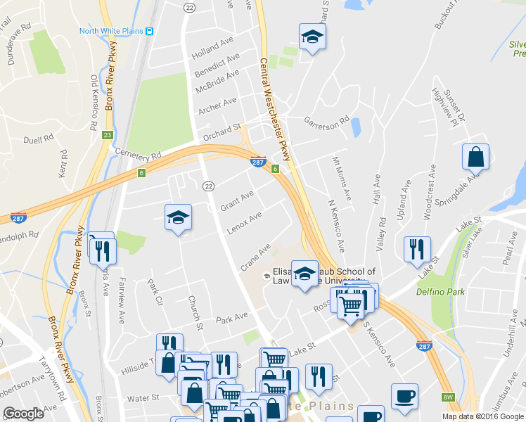 map of restaurants, bars, coffee shops, grocery stores, and more near 32 Lenox Avenue in White Plains