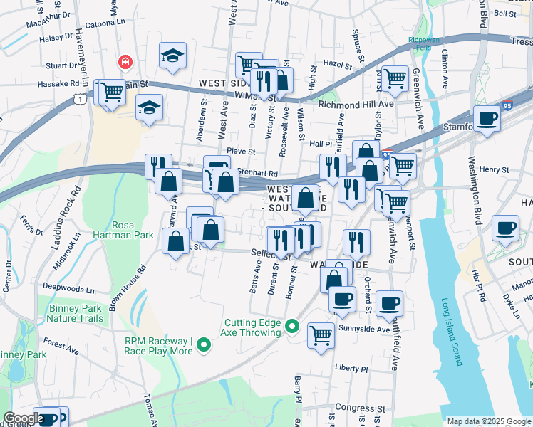 map of restaurants, bars, coffee shops, grocery stores, and more near 60/2 Southwood Drive in Stamford