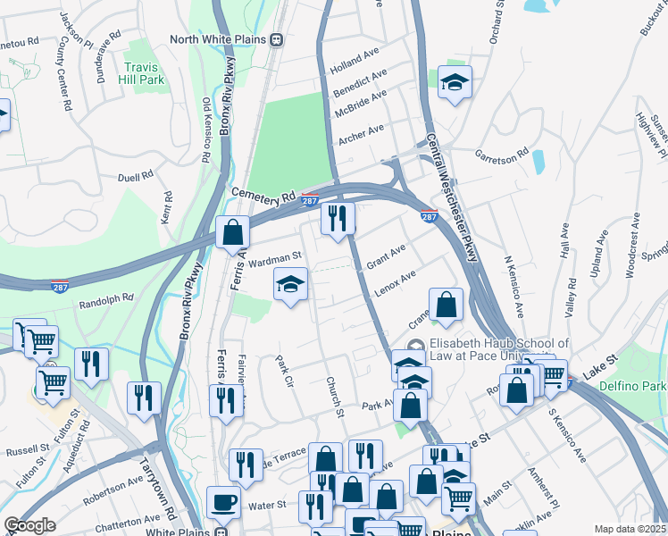 map of restaurants, bars, coffee shops, grocery stores, and more near 121-131 North Broadway in White Plains