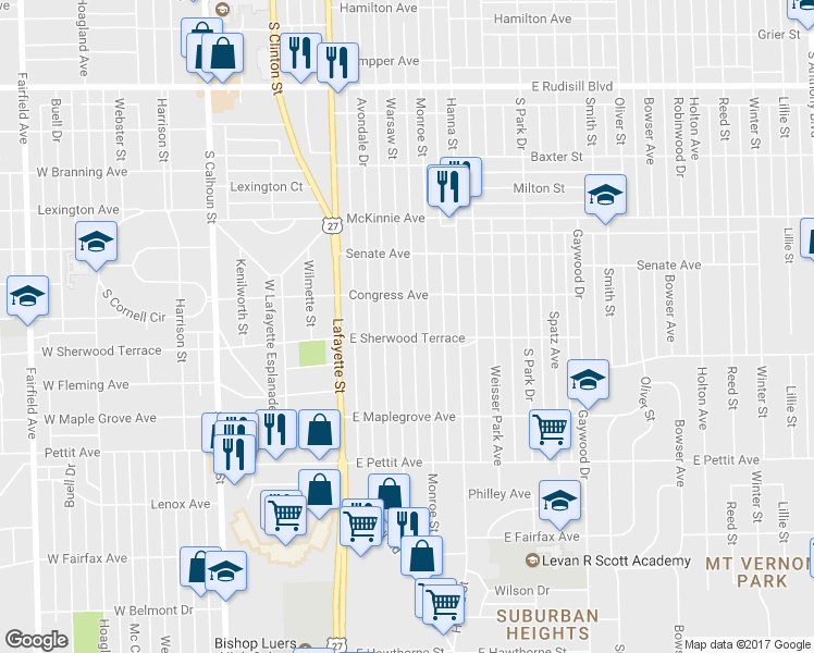 map of restaurants, bars, coffee shops, grocery stores, and more near 4535 Warsaw Street in Fort Wayne