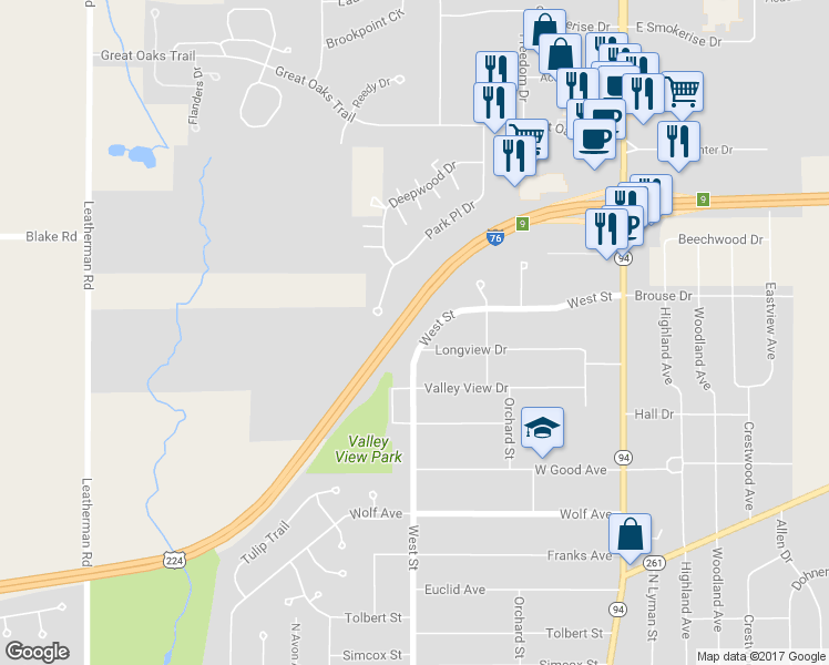 map of restaurants, bars, coffee shops, grocery stores, and more near 728 West Street in Wadsworth