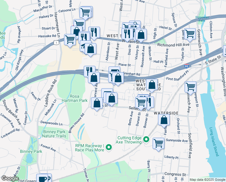 map of restaurants, bars, coffee shops, grocery stores, and more near 1 Warshaw Place in Stamford