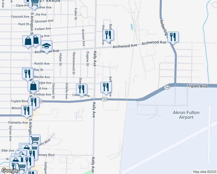 map of restaurants, bars, coffee shops, grocery stores, and more near 760 Baltimore Avenue in Akron