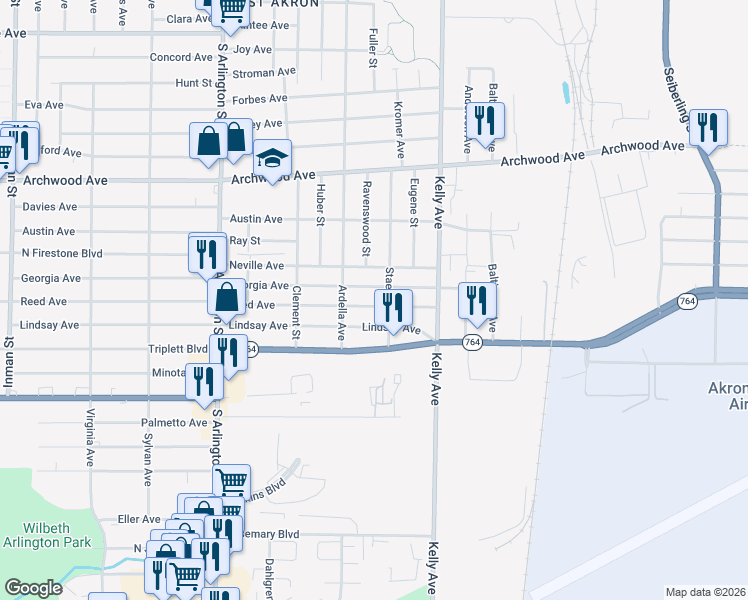 map of restaurants, bars, coffee shops, grocery stores, and more near 1175 Reed Ave in Akron