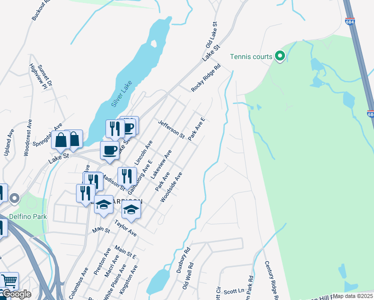 map of restaurants, bars, coffee shops, grocery stores, and more near 166 Park Avenue in Harrison