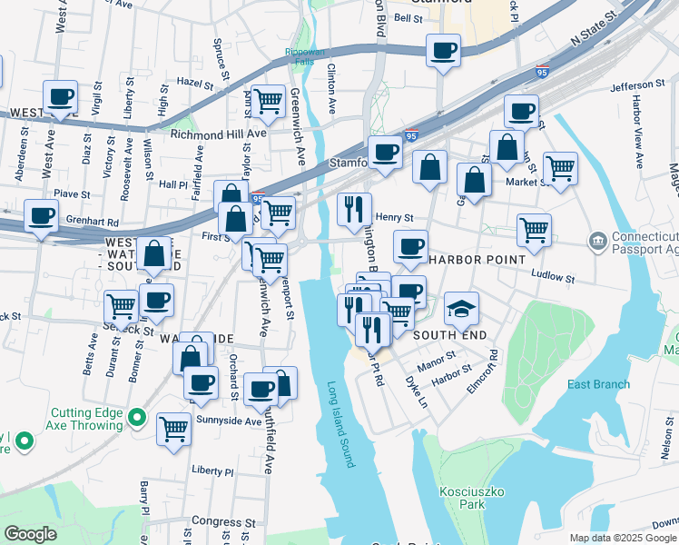 map of restaurants, bars, coffee shops, grocery stores, and more near 27 Berkeley Street in Stamford