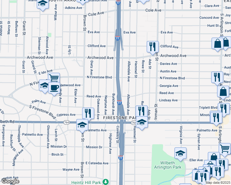 map of restaurants, bars, coffee shops, grocery stores, and more near 1395 Burkhardt Avenue in Akron
