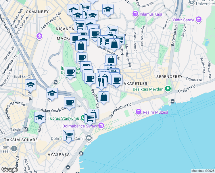 map of restaurants, bars, coffee shops, grocery stores, and more near 81 Süleyman Seba Caddesi in Beşiktaş