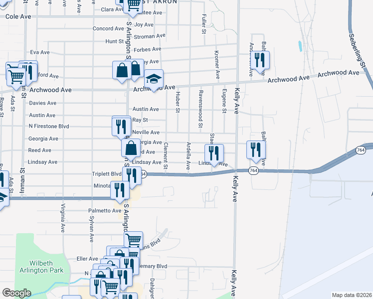map of restaurants, bars, coffee shops, grocery stores, and more near 910 Ardella Avenue in Akron