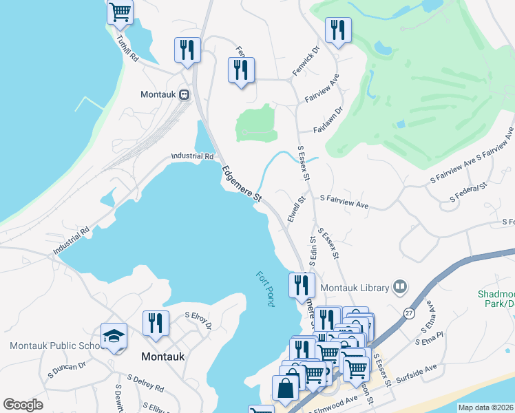 map of restaurants, bars, coffee shops, grocery stores, and more near 165 Edgemere Street in Montauk
