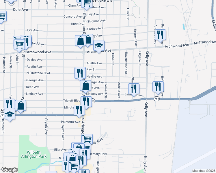 map of restaurants, bars, coffee shops, grocery stores, and more near 1091 Reed Avenue in Akron