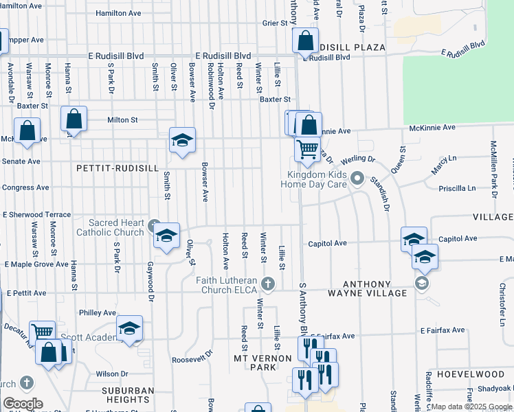 map of restaurants, bars, coffee shops, grocery stores, and more near 4514 Winter Street in Fort Wayne