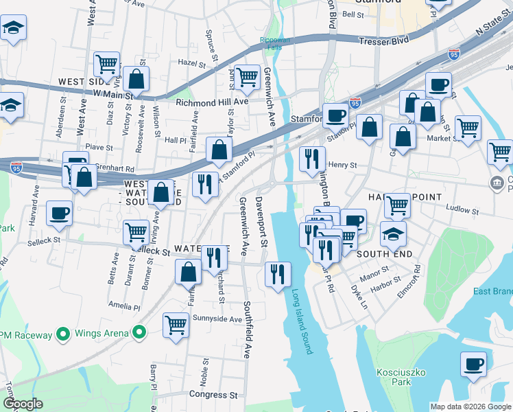 map of restaurants, bars, coffee shops, grocery stores, and more near 27 Davenport Street in Stamford