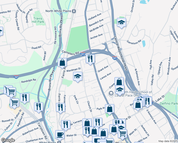 map of restaurants, bars, coffee shops, grocery stores, and more near 121-131 North Broadway in White Plains