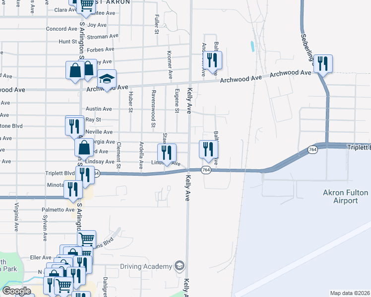 map of restaurants, bars, coffee shops, grocery stores, and more near in Akron