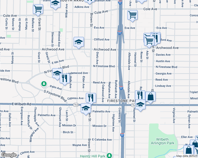 map of restaurants, bars, coffee shops, grocery stores, and more near 1412 Herberich Avenue in Akron