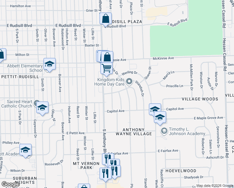 map of restaurants, bars, coffee shops, grocery stores, and more near 4400 Atwood Drive in Fort Wayne