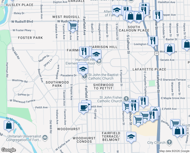 map of restaurants, bars, coffee shops, grocery stores, and more near 425 Pasadena Drive in Fort Wayne