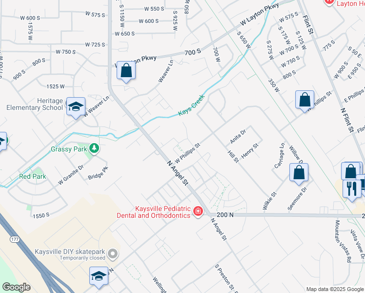 map of restaurants, bars, coffee shops, grocery stores, and more near 2056 Phillips Street in Kaysville