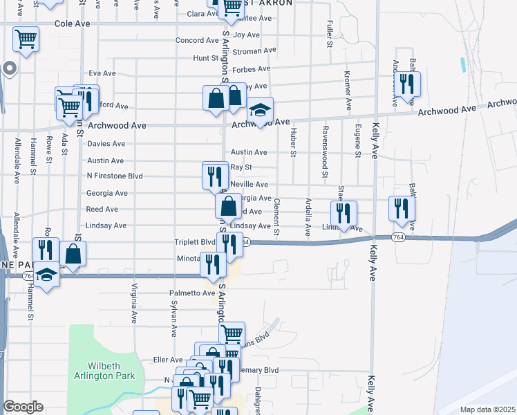 map of restaurants, bars, coffee shops, grocery stores, and more near 1049 Reed Ave in Akron