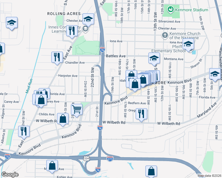 map of restaurants, bars, coffee shops, grocery stores, and more near 2232 19th Street Southwest in Akron