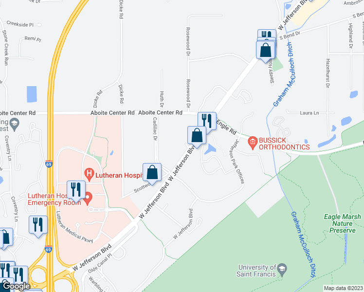 map of restaurants, bars, coffee shops, grocery stores, and more near 7532 West Jefferson Boulevard in Fort Wayne