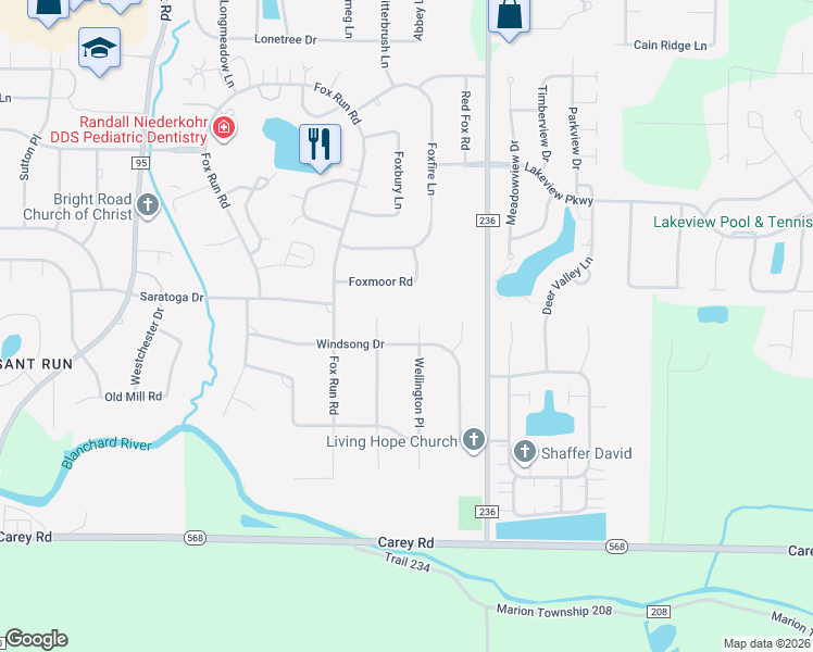 map of restaurants, bars, coffee shops, grocery stores, and more near 455 Penbrooke Drive in Findlay