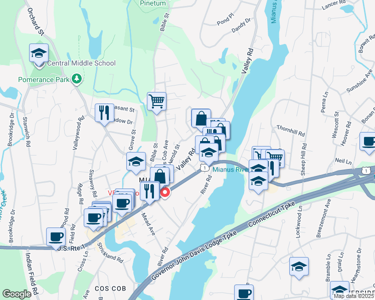 map of restaurants, bars, coffee shops, grocery stores, and more near 56 Valley Road in Greenwich