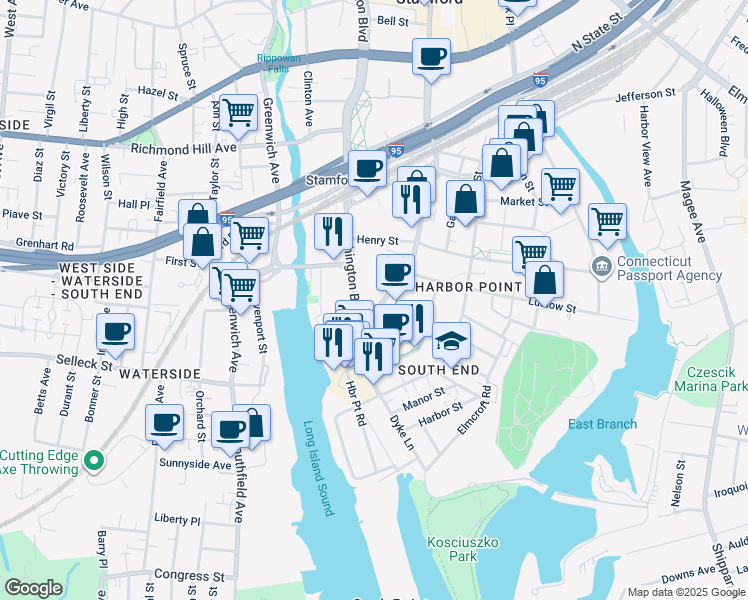 map of restaurants, bars, coffee shops, grocery stores, and more near 811 Atlantic Street in Stamford