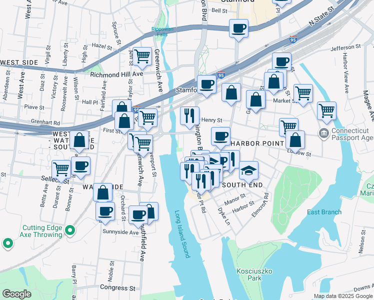 map of restaurants, bars, coffee shops, grocery stores, and more near 26 Berkeley Street in Stamford