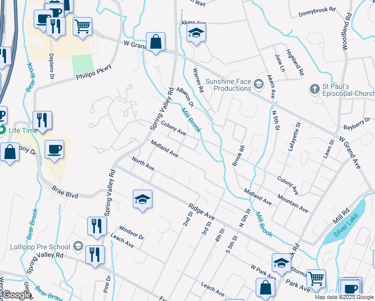 map of restaurants, bars, coffee shops, grocery stores, and more near 131 Mountain Avenue in Park Ridge