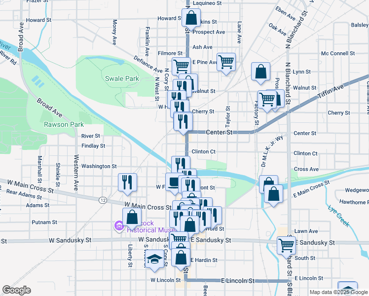 map of restaurants, bars, coffee shops, grocery stores, and more near 204 North Main Street in Findlay
