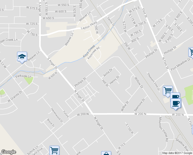 map of restaurants, bars, coffee shops, grocery stores, and more near 2011 Hill Street in Kaysville