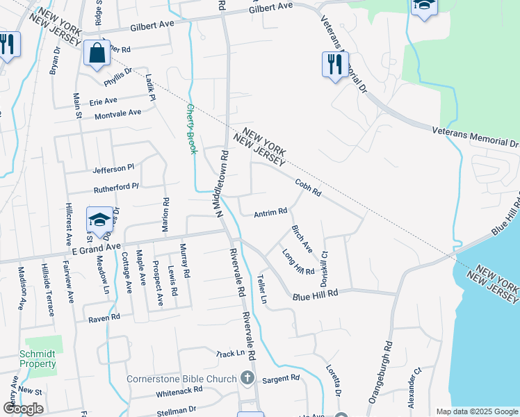 map of restaurants, bars, coffee shops, grocery stores, and more near 614 Antrim Road in River Vale
