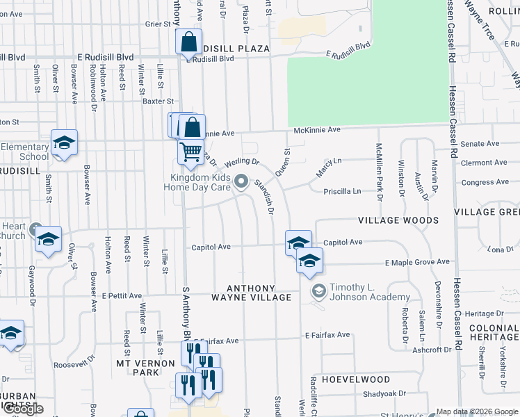 map of restaurants, bars, coffee shops, grocery stores, and more near 4413 South Colonial Avenue in Fort Wayne