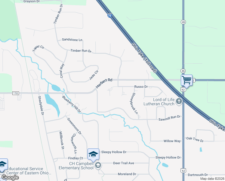 map of restaurants, bars, coffee shops, grocery stores, and more near 325 Russo Dr in Canfield