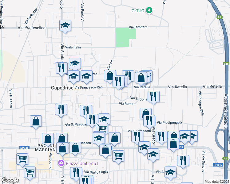 map of restaurants, bars, coffee shops, grocery stores, and more near 5 Via Giuseppe Mazzini in Capodrise