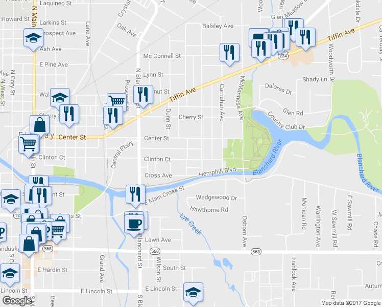 map of restaurants, bars, coffee shops, grocery stores, and more near 638 Clinton Ct in Findlay