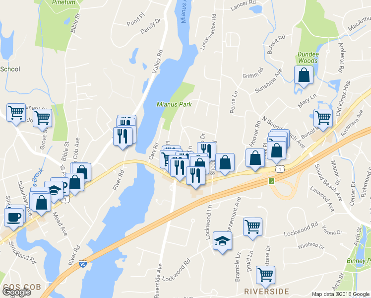 map of restaurants, bars, coffee shops, grocery stores, and more near 30 Riverside Lane in Greenwich