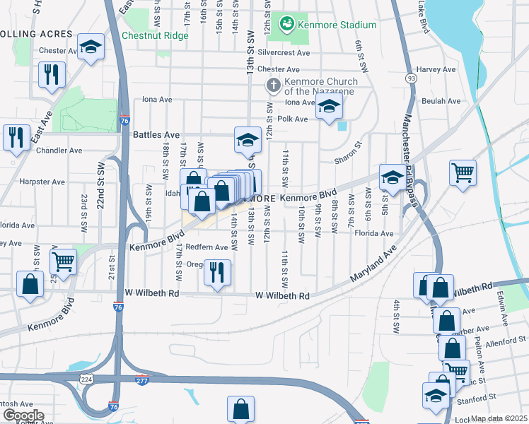 map of restaurants, bars, coffee shops, grocery stores, and more near 2222 12th Street Southwest in Akron