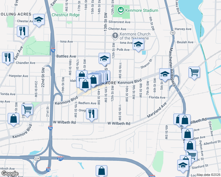 map of restaurants, bars, coffee shops, grocery stores, and more near 2222 12th Street Southwest in Akron