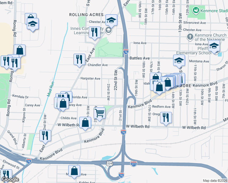 map of restaurants, bars, coffee shops, grocery stores, and more near 2230 22nd Street Southwest in Akron