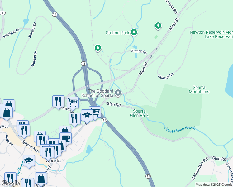 map of restaurants, bars, coffee shops, grocery stores, and more near 108 Main Street in Sparta