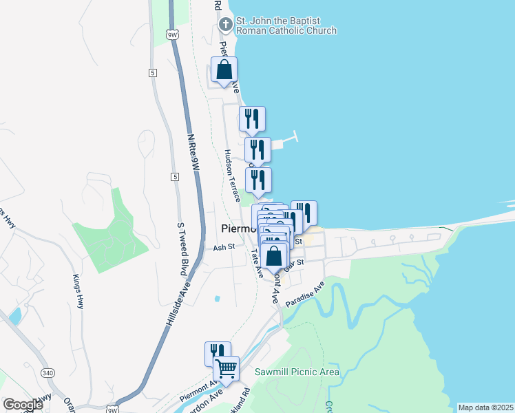 map of restaurants, bars, coffee shops, grocery stores, and more near 561 New York State Bicycle Route 9 in Piermont