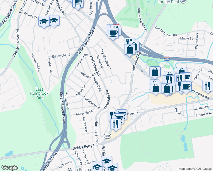 map of restaurants, bars, coffee shops, grocery stores, and more near 16 Francine Court in White Plains
